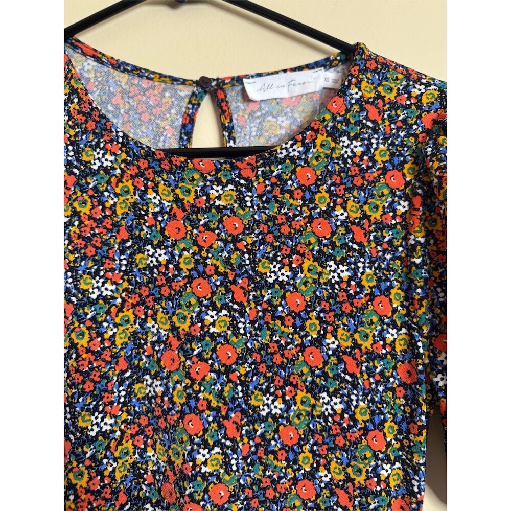 All in Favor Dress Womens XS Rust Orange Multi Ditsy Floral Midi Puff